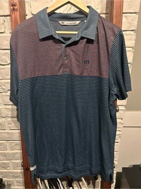 Travis Mathew Polo Shirt Mens Size Large Blue Striped Golf Polo